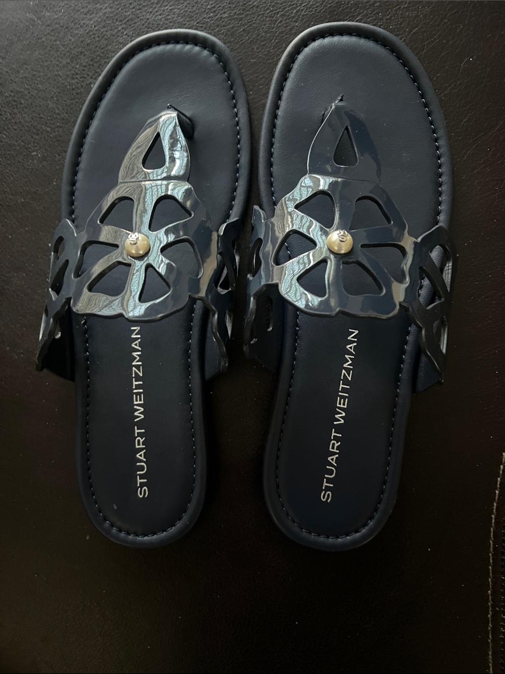 Stuart Weitzman Navy Decorative Cutout Slide Sandals